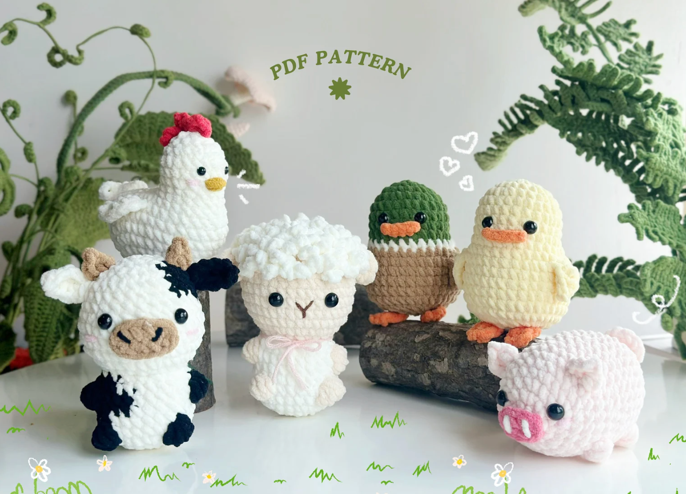 Combo 6-IN-1 Adorable Farm No Sew Crochet Pattern, No Sew Amigurumi | Duck, mallard, rooster, pig, cow, sheep pattern