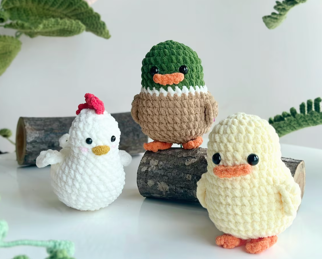 Combo 6-IN-1 Adorable Farm No Sew Crochet Pattern, No Sew Amigurumi | Duck, mallard, rooster, pig, cow, sheep pattern