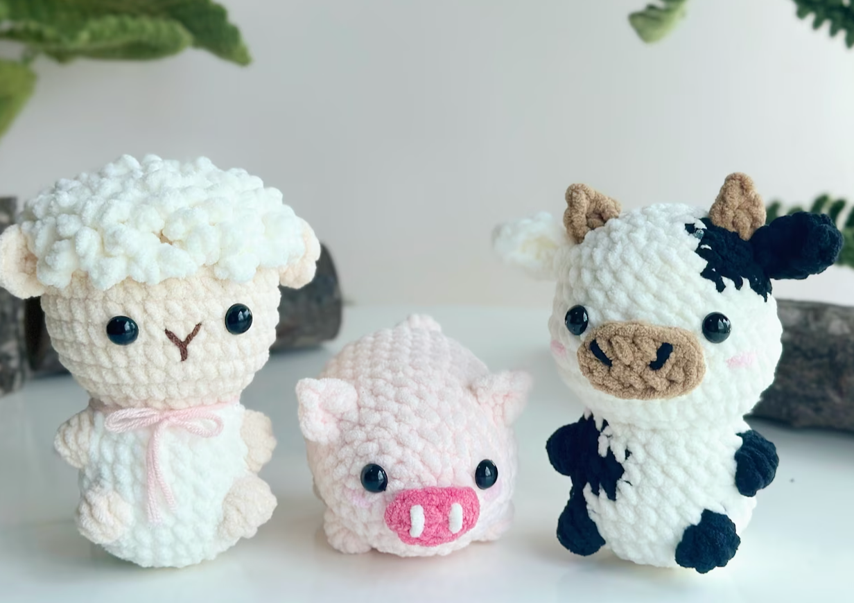 Combo 6-IN-1 Adorable Farm No Sew Crochet Pattern, No Sew Amigurumi | Duck, mallard, rooster, pig, cow, sheep pattern