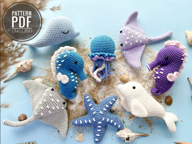 Crochet Sea Animals: Sea Horse, Jellyfish, Beluga, Whale, Starfish and Stingray